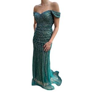 Anny Lee SP4057 Emerald Green Beaded Mermaid Dress NWT XS